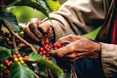 Hands carefully picking ripe coffee cherries from the branch